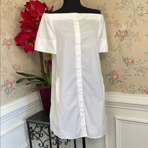 NWOT Vince White 100% Cotton Off Shoulder Button Front Pockets Dress 4